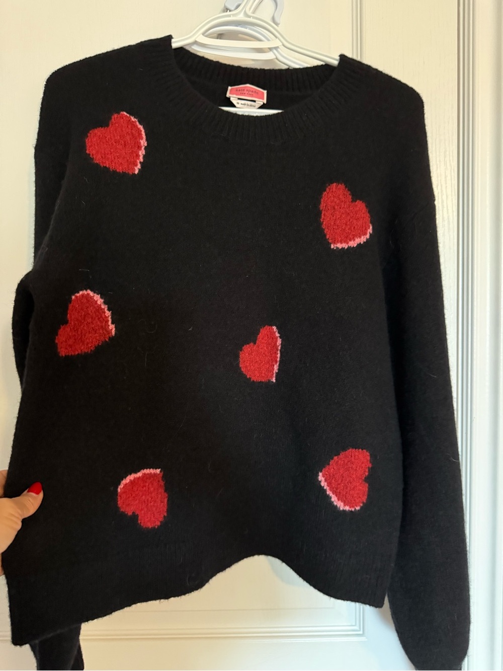 kate spade Black Crewneck Sweater with Red Heart Motifs